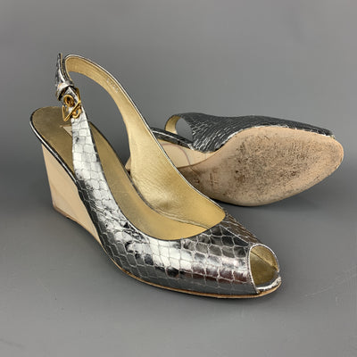 MIU MIU Size 7 Silver Snake Skin Peep Toe Slingback Wedge Sandals
