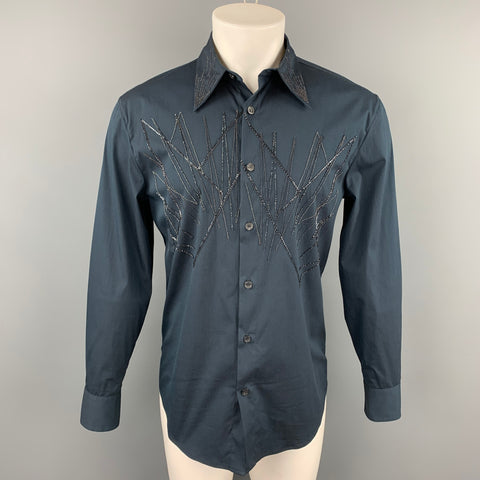 GIANNI VERSACE Size XS Navy Beaded Cotton Blend Button Up Long Sleeve Shirt