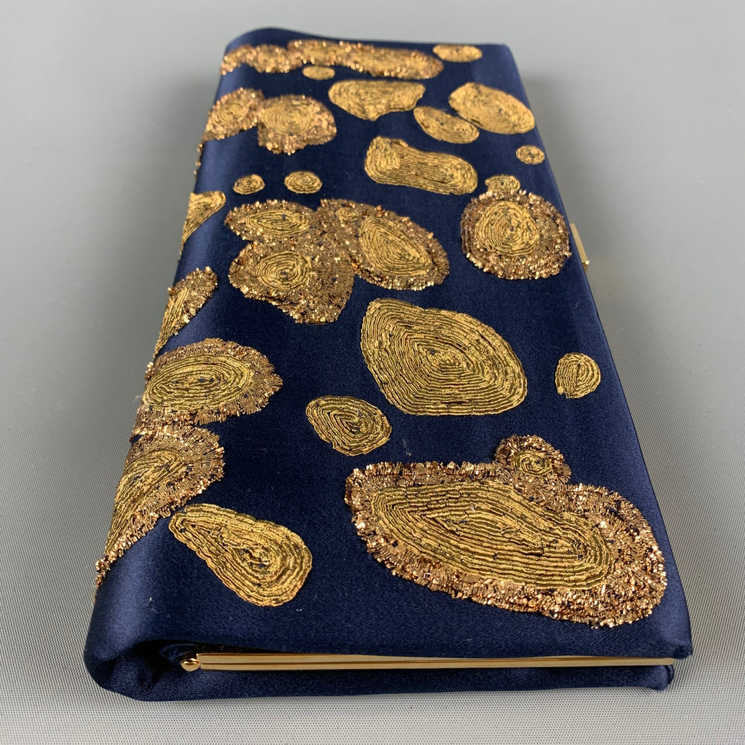 ROGER VIVIER Navy Gold Embroidered Silk Clutch Handbag