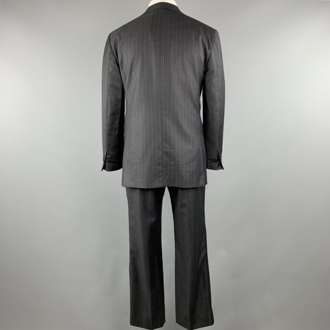 DAVID AUGUST Size 40 Charcoal & Blue Stripe Wool Notch Lapel 34 x 30 Suit