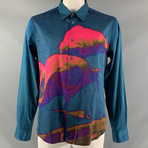 PAUL SMITH Size XXL Blue &  Fuchsia Abstract Cotton Button Down Long Sleeve Shirt