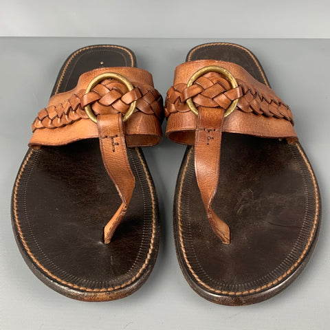 TOM FORD Size 10 Tan Braided Leather T-strap Sandals