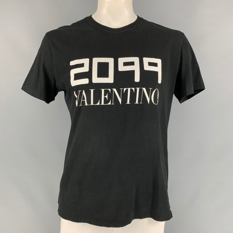 VALENTINO Size L Black & White 2099 Logo Cotton Crew-Neck T-shirt