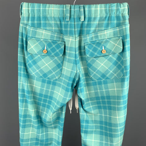 COMME des GARCONS GANRYU Size S Aqua Plaid Wool / Nylon Elastic Waistband Casual Pants