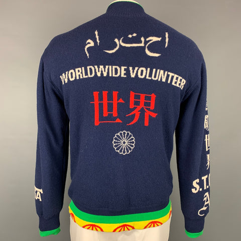 WALTER VAN BEIRENDONCK 2006 Size L Blue & Green Wool / Cotton Reversible Cardigan