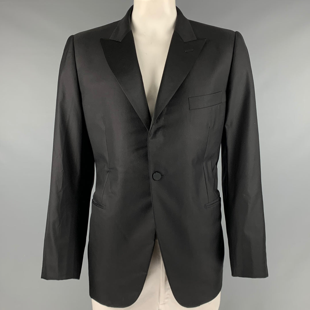 LANVIN Size 46 Black Wool Silk Tuxedo Sport Coat