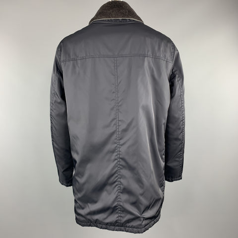 PRADA Size 46 Navy Nylon Hidden Placket Brown Lamb Shearling Collar Coat