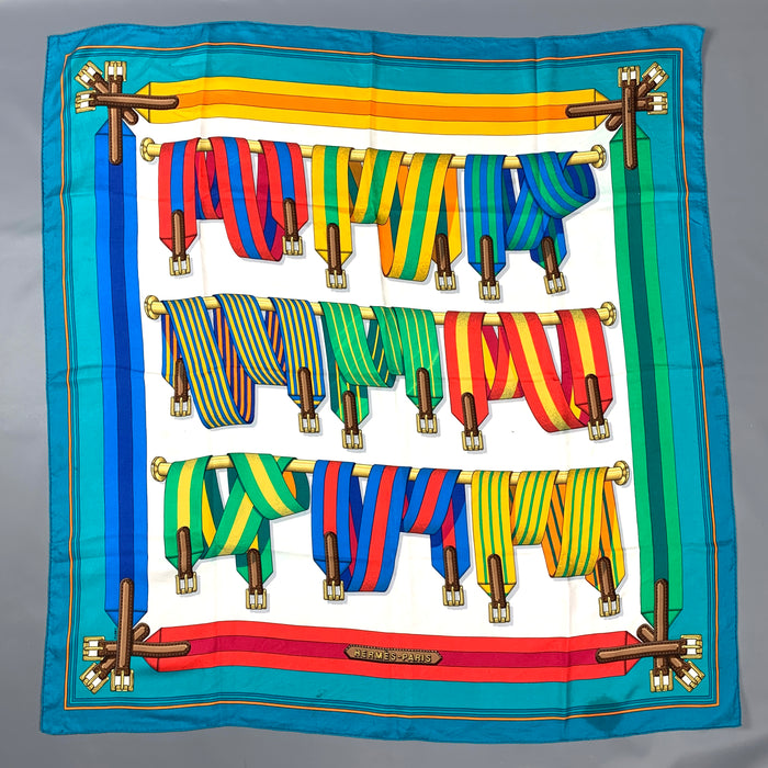 Vintage HERMES Belt print 1985 by Joachim Met Multi-Color Silk Scarf
