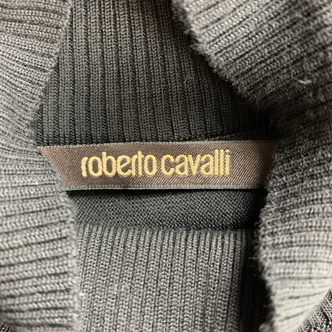 ROBERTO CAVALLI Size M Black Wool Blend Snakeskin Trim Short Sleeve Pullover