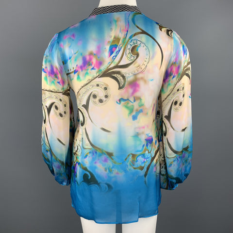 ETRO Size 12 Blue Paisley Print Silk Chiffon Blouse