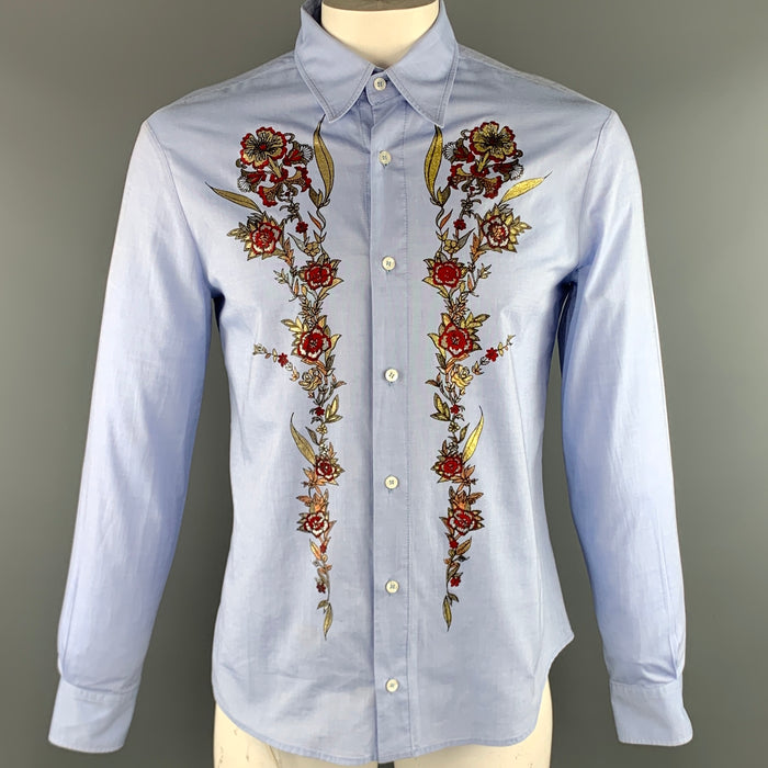 JUST CAVALLI Size XL Light Blue Embellishment Cotton Button Up Long Sleeve Shirt