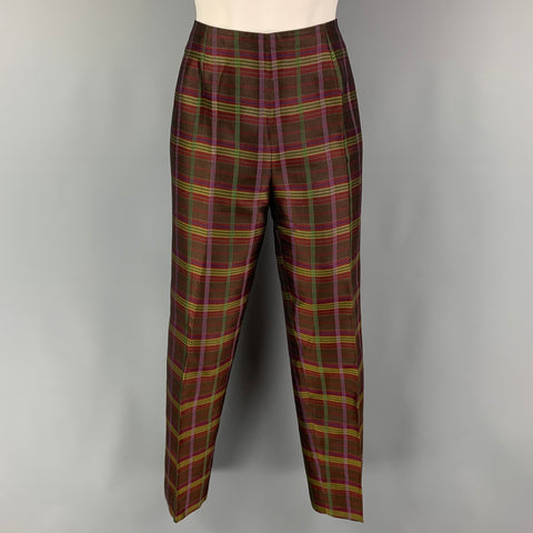 vintage MARIA LUISA B Taille 6 Marron Multi-Color Silk Plaid Side Zipper Robe Pantalon