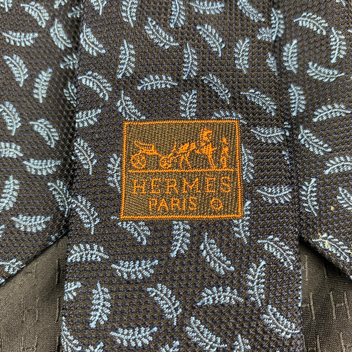 HERMES Navy & Blue Silk Leaf Print Tie