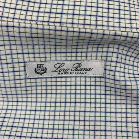 LORO PIANA Size L White & Blue Window Pane Cotton Button Down Long Sleeve Shirt
