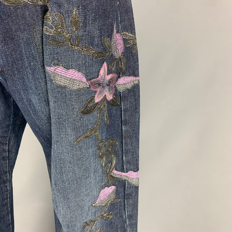GUCCI by Tom Ford Fall 1999 Size 38 Blue Lavender Gunmetal Floral Embroidery Denim Jeans