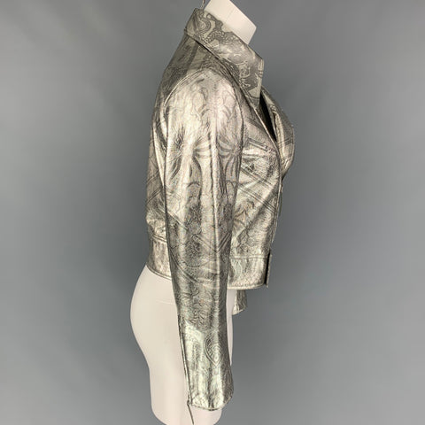 ROBERTO CAVALLI Size 4 Silver Print Leather Metallic Cropped Biker Jacket