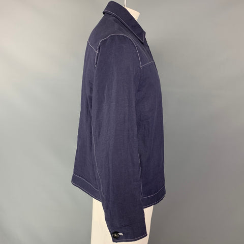 OLIVER SPENCER Size 44 Blue Contrast Stitch Linen Zip Jacket