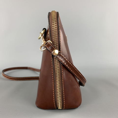 PRATESI Brown Leather Mini Gold Zipper & Plaque Square Crossbody Bag