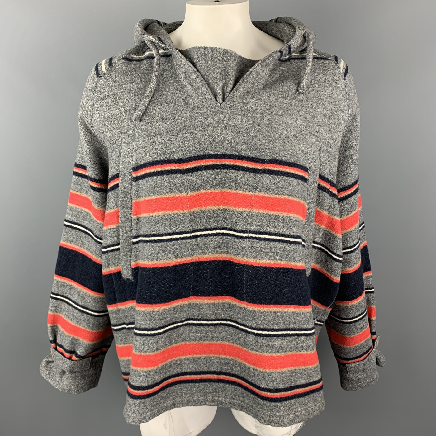 45rpm Size L Gray Red & Navy Striped Cotton Hooded Oversized Pop Over