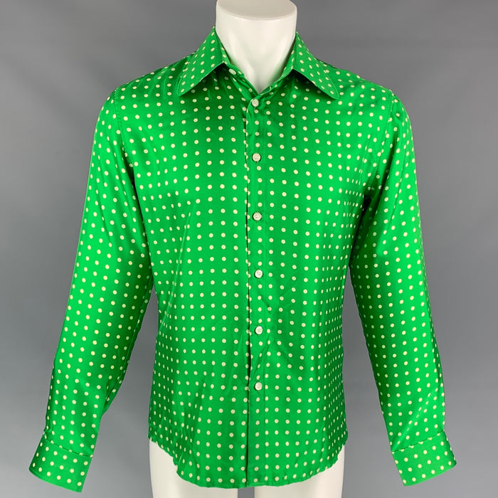 WALTER VAN BEIRENDONCK SS 20 Size S Green & White Dots Silk Button Up Long Sleeve Shirt