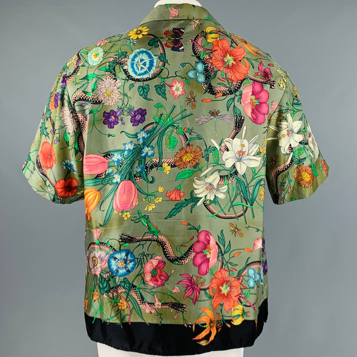 GUCCI Talla XXL Camisa de manga corta Campamento de seda con estampado multicolor verde