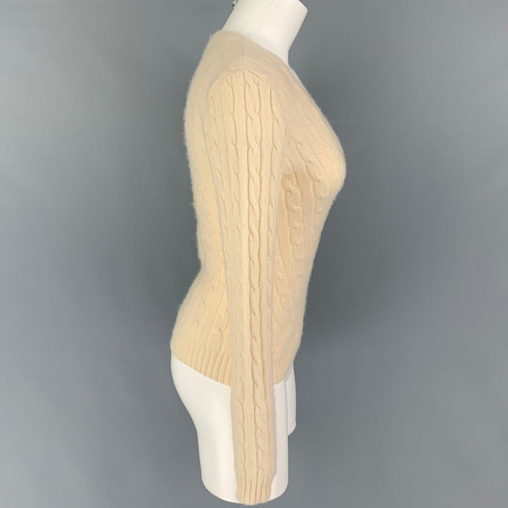 RALPH LAUREN Black Label Size M Cream Cashmere Cable Knit V-Neck Sweater