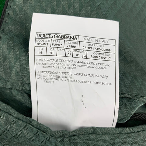DOLCE & GABBANA Size 36 R Green Velvet Double Breasted Shawl 3 Piece Suit