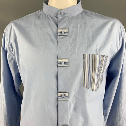 SHANGHAI TANG Size XL Blue Cotton One Pocket Long Sleeve Shirt
