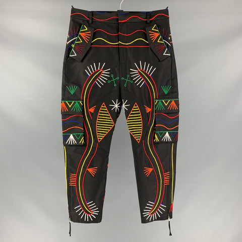 PRABAL GURUNG Size 32 Multi-Color Thread Embroidery Cotton & Polyester Black Cargo Cropped Pants