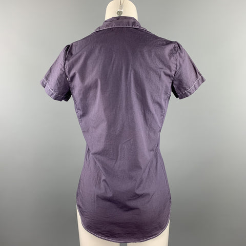 HAZEL BROWN Size 2 Purple Contrast Stitch Cotton Short Sleeve Shirt