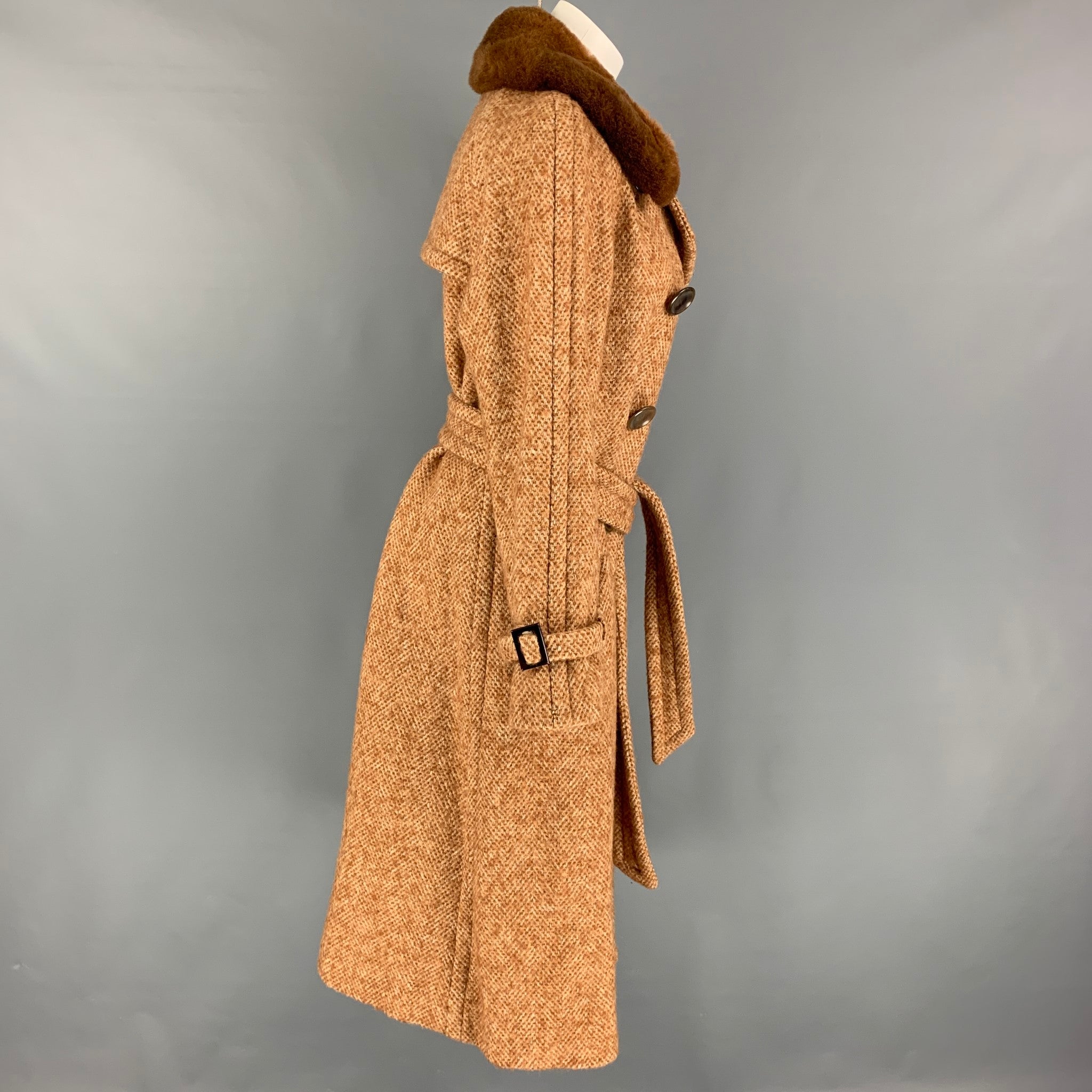 MARC JACOBS Size 12 Tan Beige Wool Blend Tweed Belted Coat