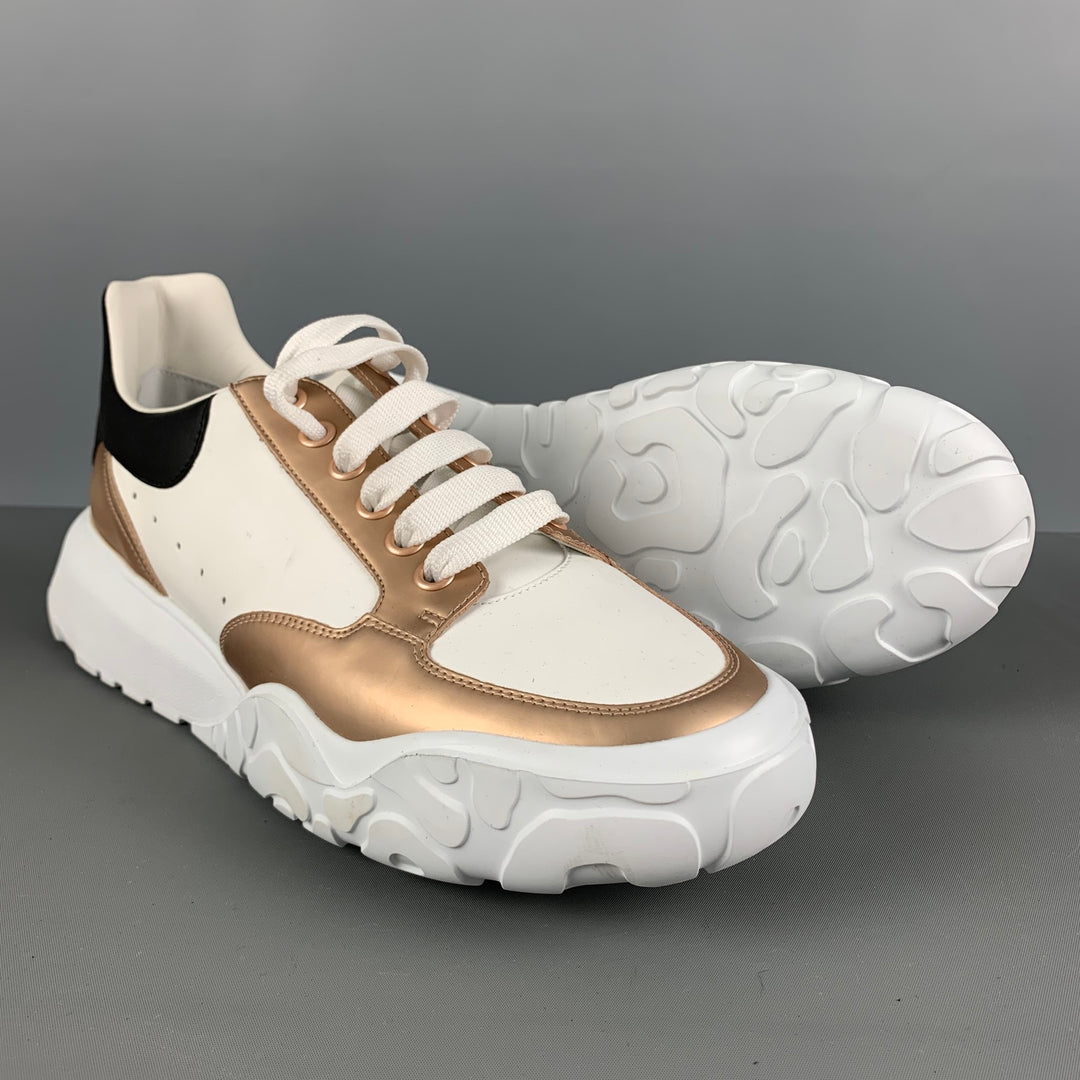 ALEXANDER MCQUEEN Size 11 White Gold Leather Platform Sneakers