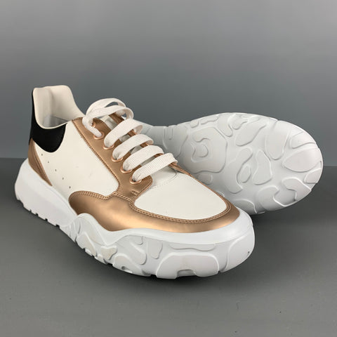 ALEXANDER MCQUEEN Size 11 White Gold Leather Platform Sneakers