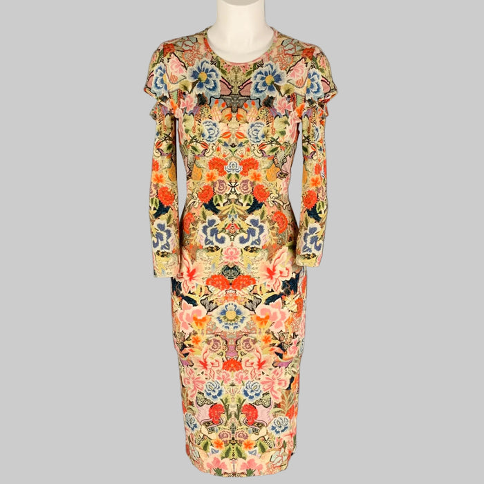 ALEXANDER MCQUEEN 2013  Size 4 Multi-Color Abstract Floral Rayon Blend Long Sleeve Dress