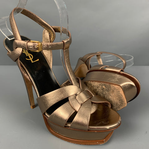 YSL Size 9.5 Metallic Rose Gold Leather Platform Sandals