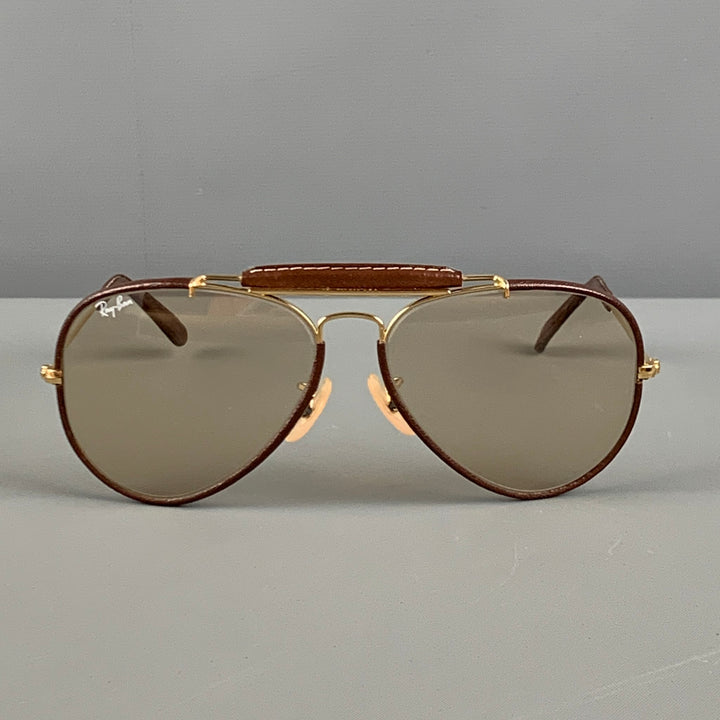 Vintage RAY-BAN Size Brown Leather Metal Aviator Sunglasses