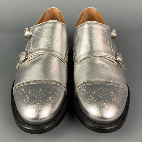 O'KEEFFE Zapatos planos con doble correa tipo monje perforados de cuero plateado talla 7