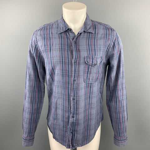 SAVE KHAKI Size M Blue Plaid Cotton / Linen Button Up Long Sleeve Shirt