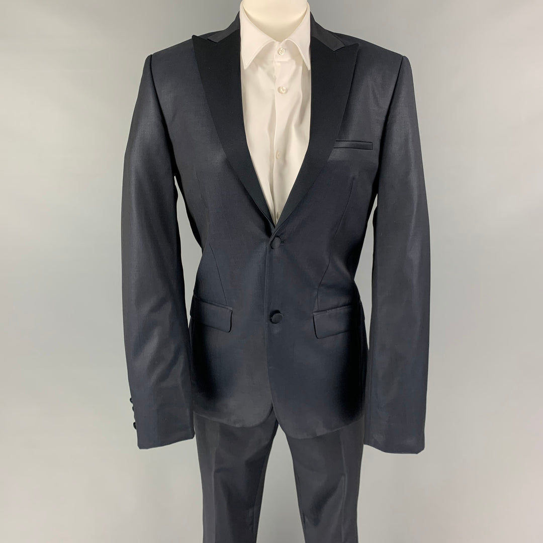COLECCIÓN CALVIN KLEIN Talla 34 Traje de esmoquin con solapa de pico de lana negro azul marino