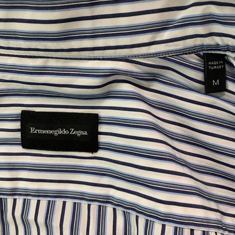 ERMENEGILDO ZEGNA Size M White & Navy Stripe Cotton Long Sleeve Shirt