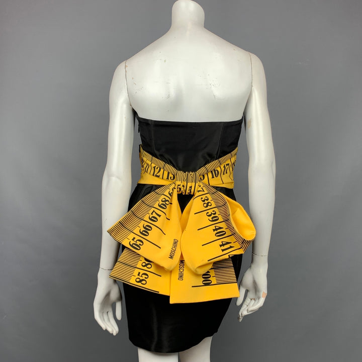 MOSCHINO COUTURE Pre-Fall 15 Size 6 Black & Yellow Rayon Blend Tape Measure Bow Cocktail Dress
