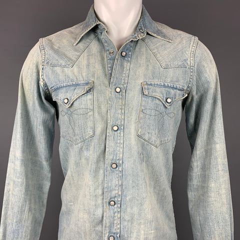 RRL by RALPH LAUREN Size S Blue Distressed Cotton Western Long Sleeve Shirt