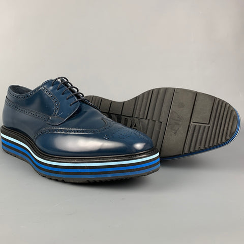 PRADA Size 13 Navy & Blue Perforated Leather Platform Lace Up Shoes