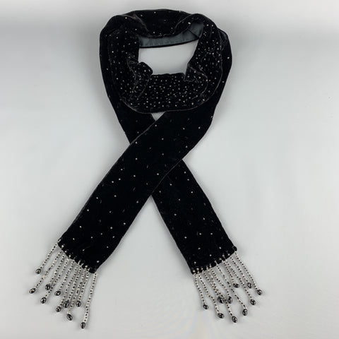 ADRIENNE LANDAU Beaded Black Silk Velvet Fringe Skinny Scarf