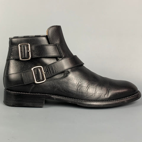 JUSTIN DEAKIN Size 7 Black Leather Double Buckle Ankle Boots