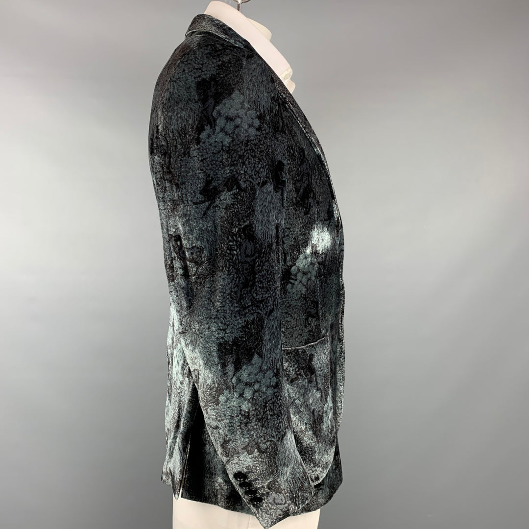 ETRO Size 44 Black & Grey Print Viscose / Silk Notch Lapel Sport Coat