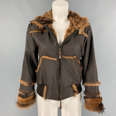HENRY BEGUELIN Talla 4 Chaqueta con capucha y cremallera de cuero de gamuza marrón y tostado