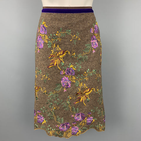 ETRO Taille 10 Jupe trapèze en laine brodée en tweed marron