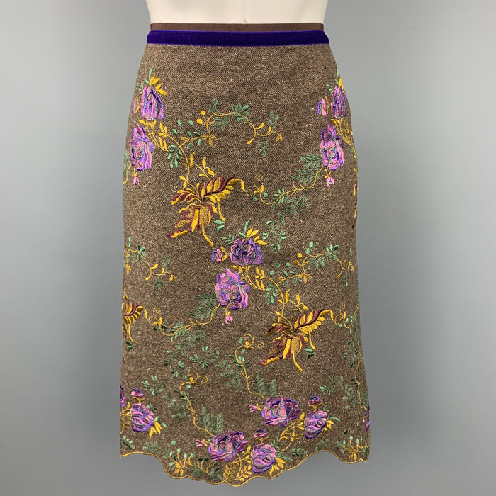 ETRO Size 10 Brown Tweed Embroidered Wool A-Line Skirt