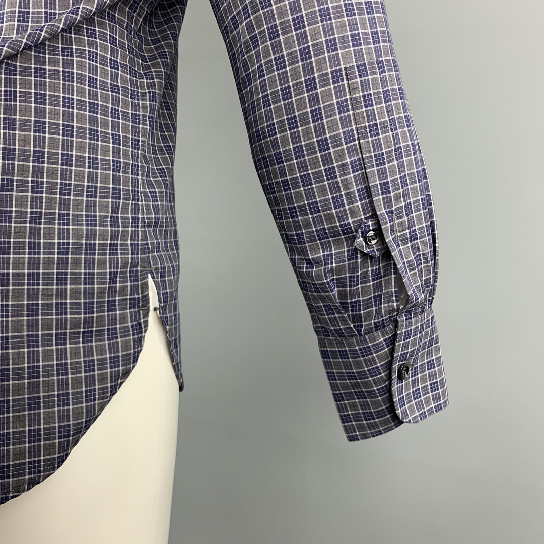 YVES SAINT LAURENT Size S Gray & Navy Plaid Cotton Button Down Patch Pocket Long Sleeve Shirt
